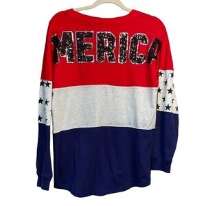Victoria's Secret Pink 'Merica Sequin Bling Red Gray Blue Varsity Crew Tee